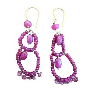 Vintage Beaded Dangle Drop Earrings Pierced Ears Ruby Red